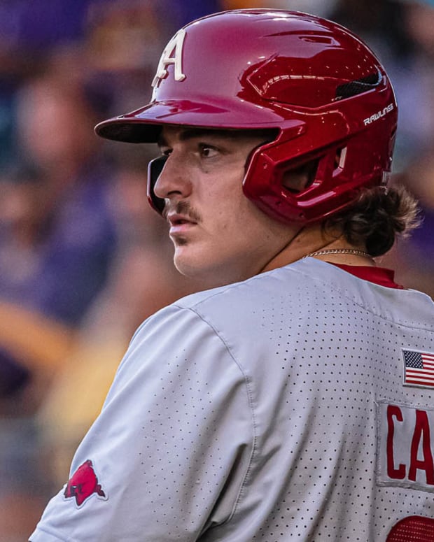 Razorbacks' Caleb Cali at the plate in Saturday evening's game against LSU in Baton Rouge, La.